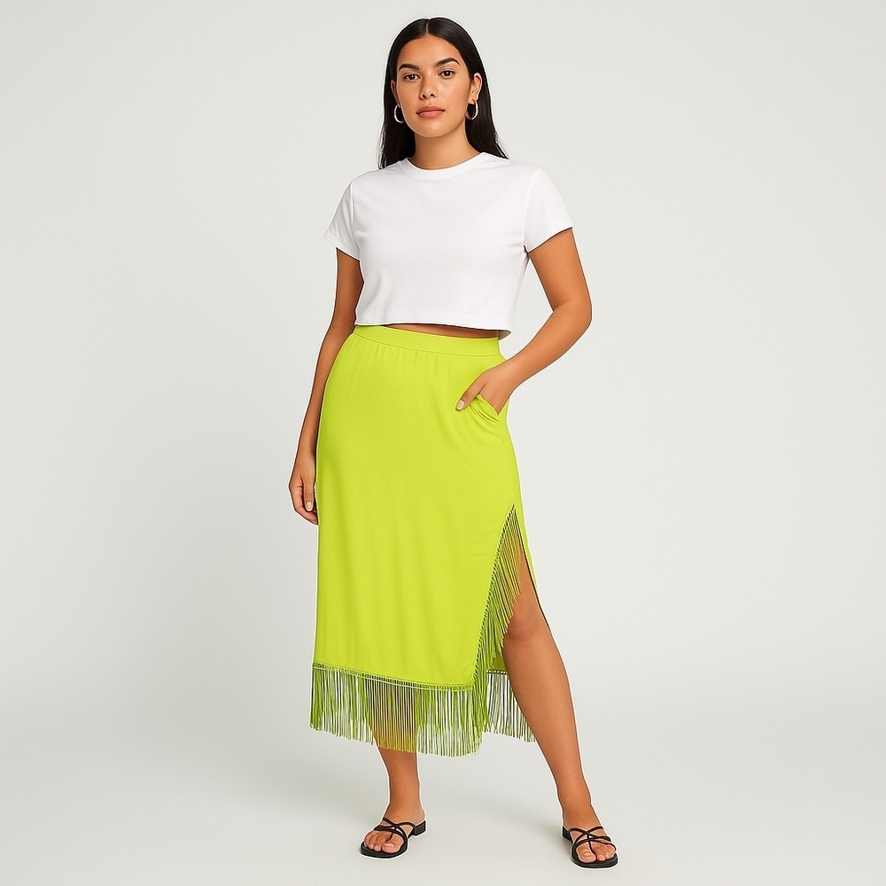 Rachel Zoe Fringe Midi Slit Skirt Size M (Nwt)
